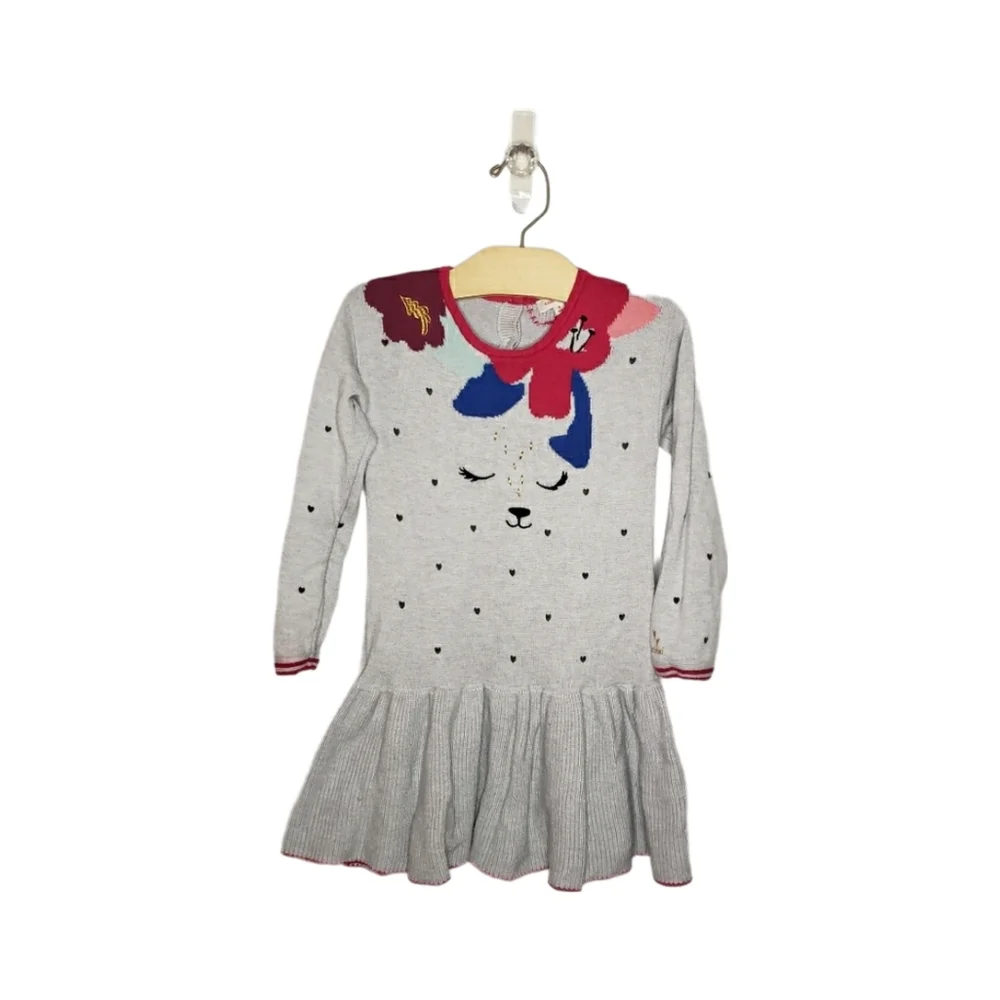 Catimini 4 Toddler Girl Long Sleeve Sweater Dress Heart Floral Animal Design